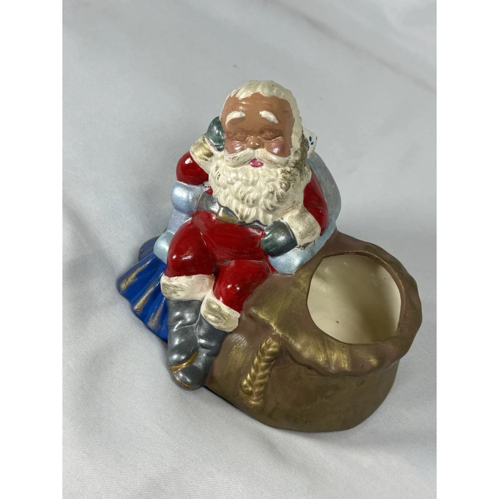 VINTAGE HANDPAINTED CERAMIC MOLD SLEEPING NAPPING SANTA PLANTER 6.5x4.5”